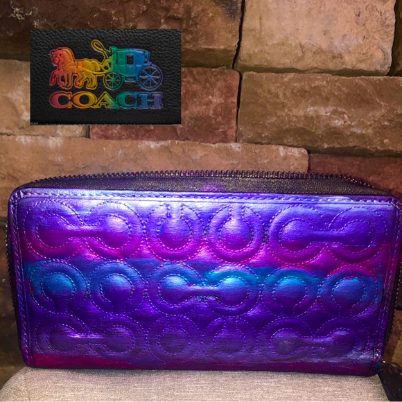 Coach Handbags - Coach Custom Design Metallic Multi Colored Signature C Leather Zip Wallet